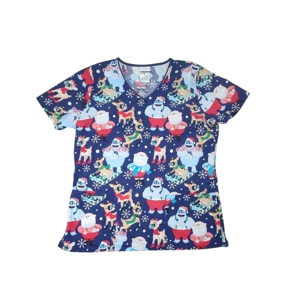 Rudolph The Red Nosed Reindeer & Santa V-Neck Short Sleeve Scrub Top Size Medium